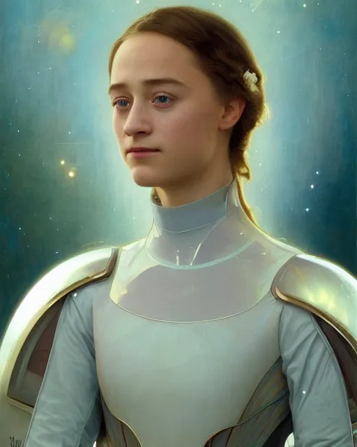 Image similar to a portrait painting of a shy, blushing 1 6 - year old alicia vikander or saoirse ronan as a space princess, backlit, wearing a futuristic translucent iridescent plastic space suit, elegant, highly detailed, artstation, concept art, by krenz cushart and donato giancola and william adolph bouguereau and alphonse mucha