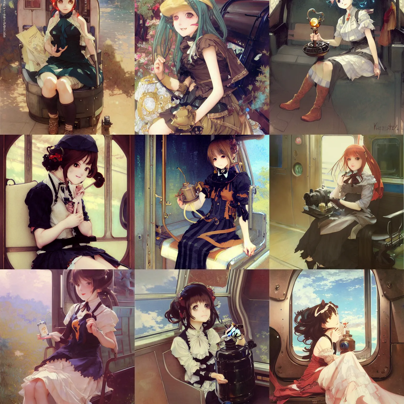 Prompt: cute happy anime girl portrait, black gothic lolita dress, holding a propane tank, sitting in a seat in a train, by krenz cushart and mucha and akihito yoshida and greg rutkowski, painting by gaston bussiere, craig mullins, j. c. leyendecker