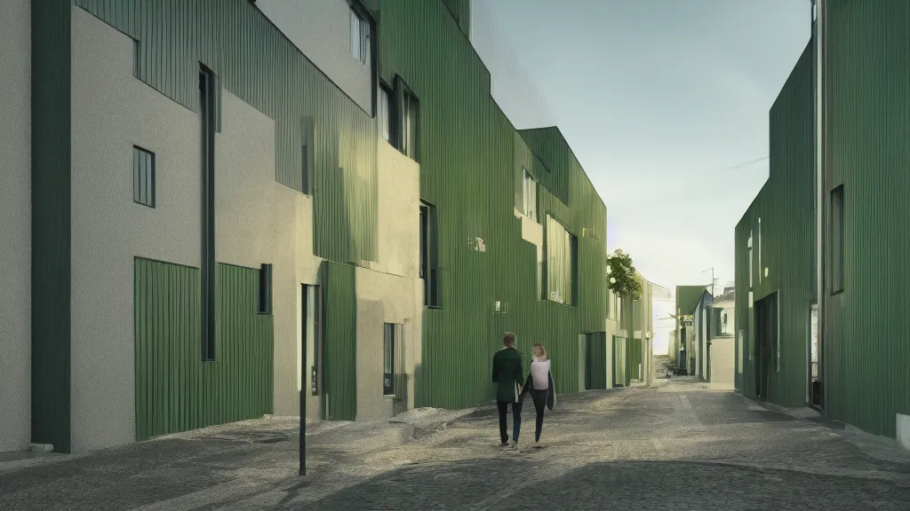 Image similar to a couple, green apartment house, textured walls, quiet street, reykjavik, sunset lighting, rim light, hyper realistic, cinematic frame