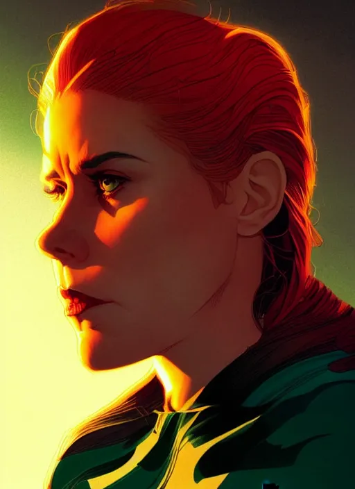 Prompt: Rafeal Albuquerque comic art, Joshua Middleton comic art, cinematics lighting, sunset colors, pretty Kate Mara Enchantress comicbook villain, angry, symmetrical face, symmetrical eyes, full body, flying in the air, night time, red mood in background