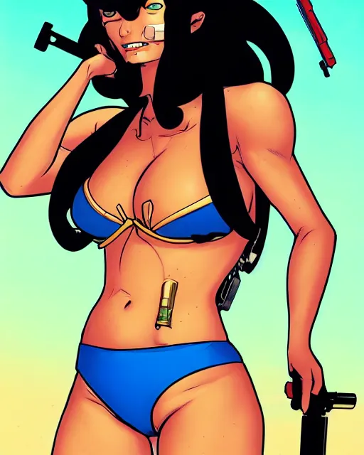 Prompt: comic cover art of a bikini - clad guerilla, inspired by gunsmith cats and tank girl, illustration by jenny frison and sana takeda, intricate details, stunning inking lines, stunning gradient colors, 4 k, hd, artstation