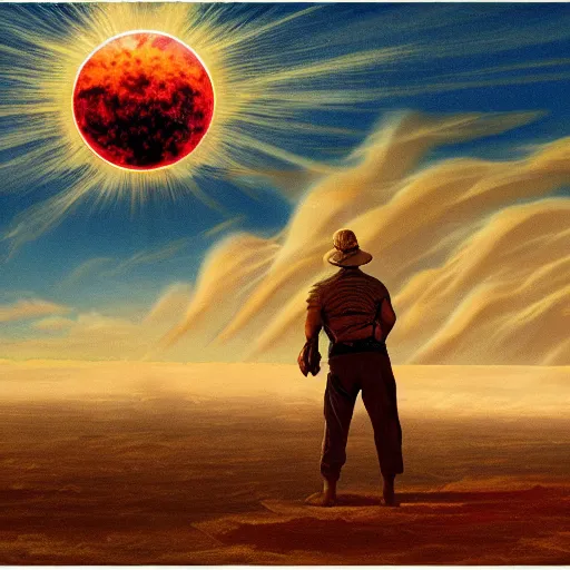 Prompt: giant fiery sun takes up most of the sky, two men look out over the horizon of a desert with plants on fire, lightning strikes in the distance, highly detailed matte painting