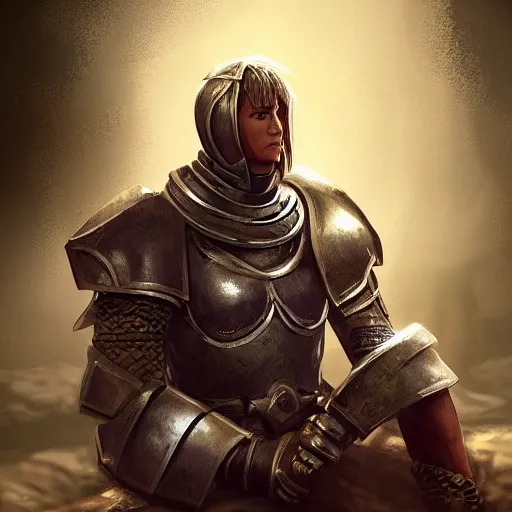 Image similar to 'A human male paladin in chainmail is resting after a fight, intricate, digital painting, cinematic, trending on artstation