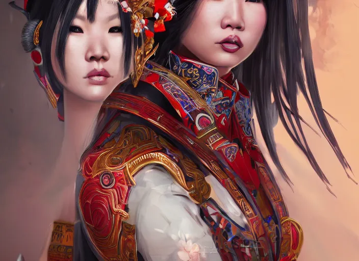 Prompt: jenny kim as geisha warrior concept art, symmetrical, rule of three, detailed body, detailed face, ultradetailed digital illustration, 8 k, epic atmosphere, digital art by dang my linh and simon cowell