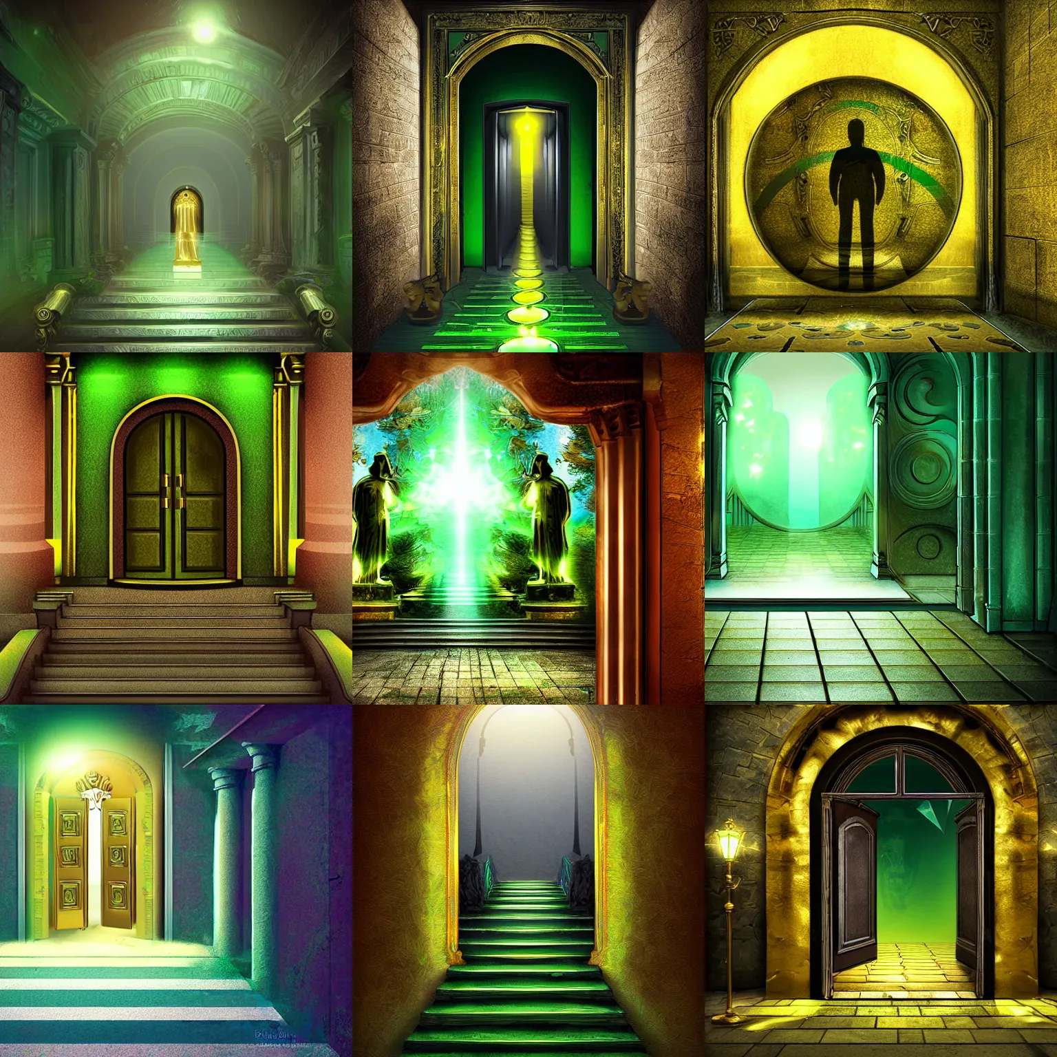 Prompt: path, door, gold, statues, green light, fantasy, digital art