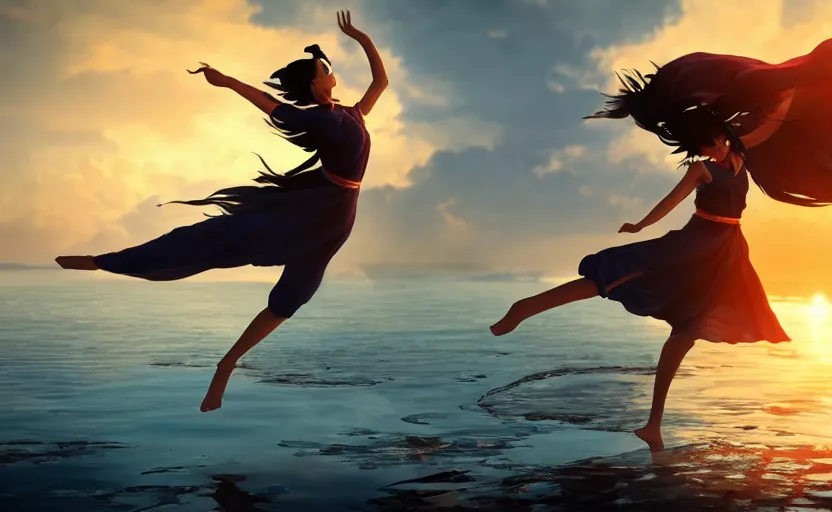 Image similar to Himalayan mage dancing on water, beautiful flowing fabric, sunset, dramatic angle, dynamic pose, 8k hdr pixiv dslr photo by Makoto Shinkai ilya kuvshinov and Wojtek Fus