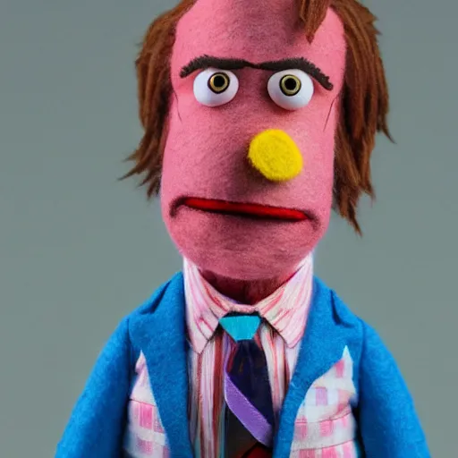 Prompt: saul goodman as a muppet. highly detailed felt. colorful clothes. hyper real photo. 4 k.