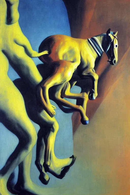 Image similar to astronaut carrying baby horse, hauntingly surreal, highly detailed painting by francis bacon, edward hopper, adrian ghenie, gerhard richter, and james jean soft light 4 k,