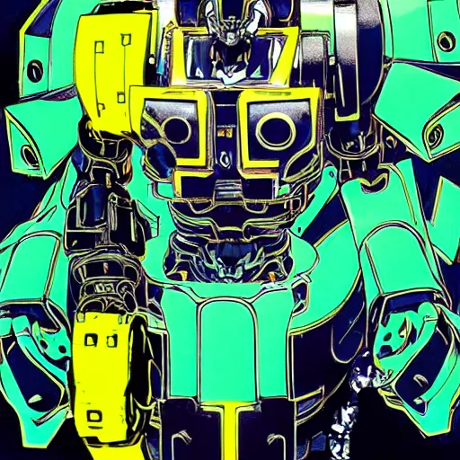 Image similar to the headless fullmetal kerberos robot sirius in electrical wired neon yellow noir outfit, with eyelike neon lights in its torso, colored manga illustration by yoji shinkawa and james jean