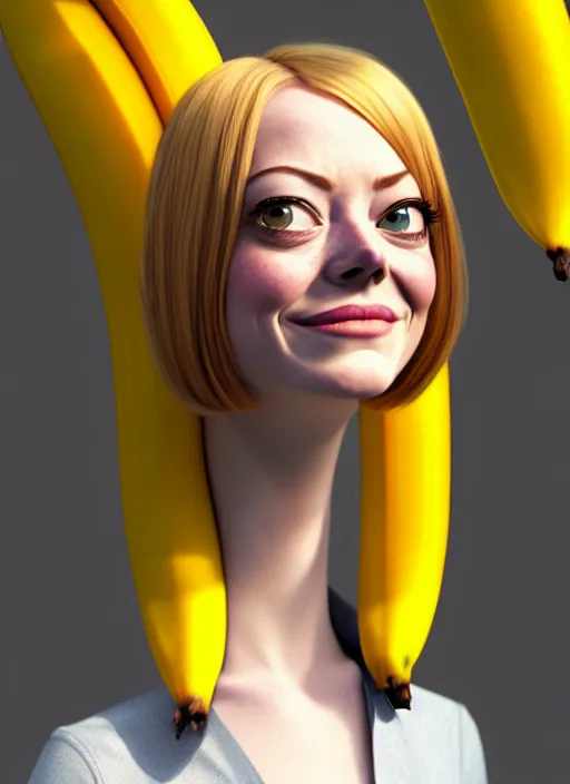 Image similar to anthropomorphic portrait of emma stone as a banana, au naturel, hyper detailed, digital art, trending in artstation, cinematic lighting, studio quality, smooth render, unreal engine 5 rendered, octane rendered, art style by klimt and nixeu and ian sprigger and wlop and krenz cushart and pixar and riot and adventuretime
