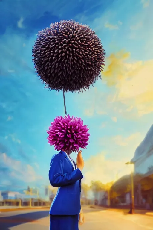 Image similar to closeup giant dahlia flower head, girl in a suit on a street, surreal photography, blue sky, sunrise, dramatic light, impressionist painting, digital painting, artstation, simon stalenhag