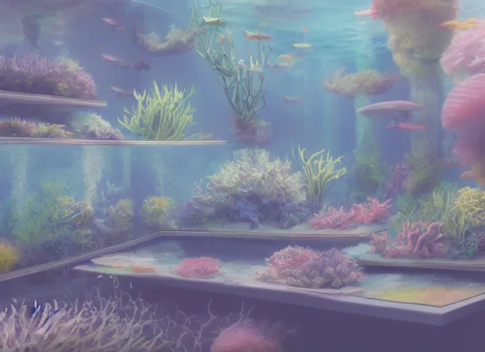 Image similar to placid pastel morning cozy moody cluttered painterly fluffy tiny cramped aquarium store, lots of aquariums, slanted ceiling, tiny space, particulate, trending on pixiv