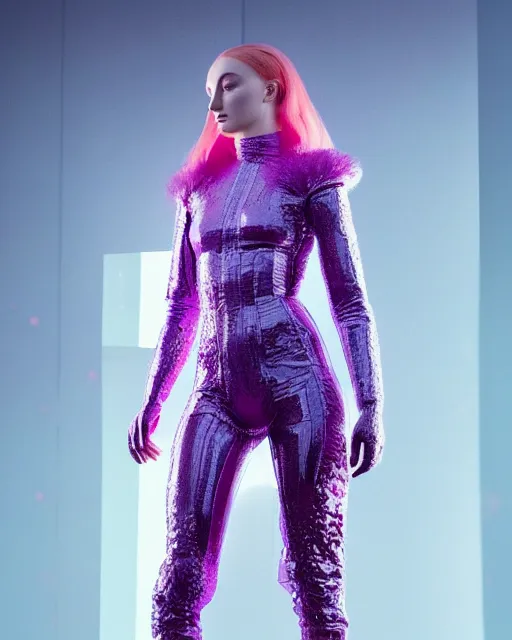 Prompt: full body shot of sophie turner dressed in orange purple futuristic cyberpunk clothing, soft diffused light, bjork aesthetic, translucent, by rineke dijkstra and artgerm, intricate details, highly detailed, masterpiece, 8 5 mm