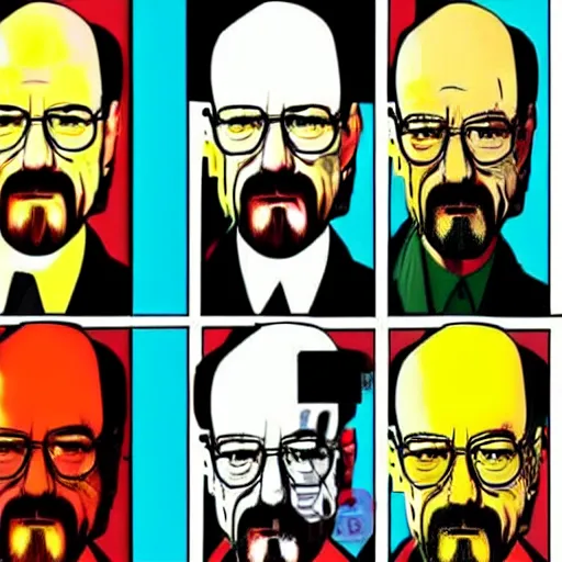 Prompt: walter white, breaking bad in a pop art comic style