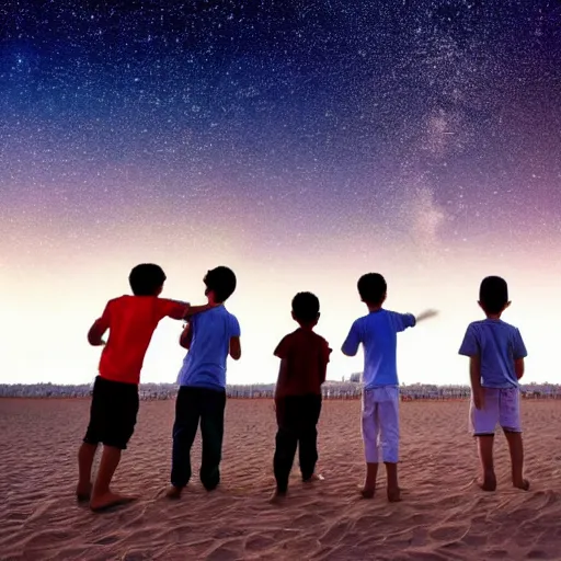 Prompt: a group of five boys enjoying in Dubai while looking at stars and milkyway detailed picture hd