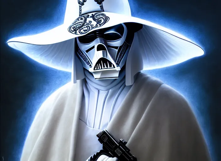 Prompt: portrait shot of white darth vader in ghost in the shell wearing a cowboy hat, intricate, elegant, highly detailed, centered, digital painting, artstation, concept art, smooth, sharp focus, illustration, artgerm, tomasz alen kopera, peter mohrbacher, donato giancola, joseph christian leyendecker, wlop, boris vallejo