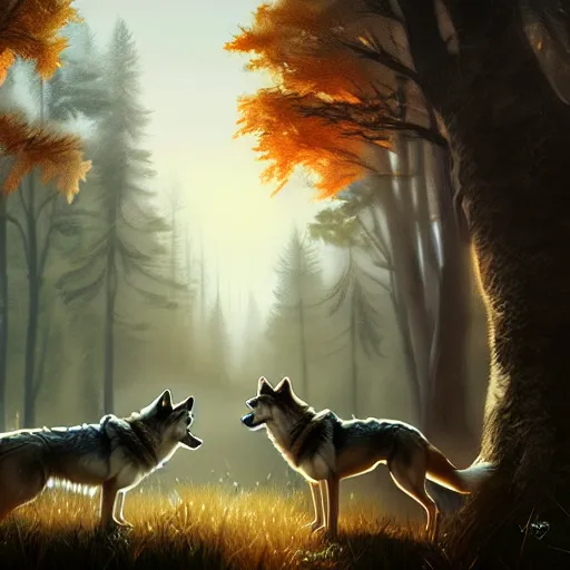 Image similar to a pretty girl petting a pack of wolves, in the woods, digital painting, photorealistic, in the style of greg rutkowski, full body, detailed face, unreal engine, 4 k