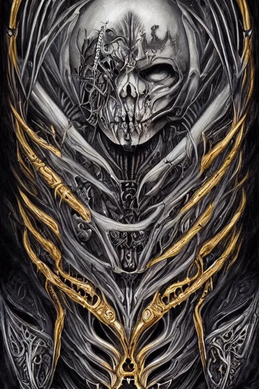 Image similar to Elden Ring and Doom themed painting of majestic chromatic biomechanical anatomical undead warrior hybrid beautiful ethereal angel symmetrical neutral black metal corpsepaint mask closeup face tattoo pattern golden ratio concept, Neo-Gothic concept, infinity glyph waves, intricate artwork masterpiece, very coherent artwork, cinematic, full frontal facial features by Artgerm, art by H.R. Giger, Joseph Michael Linsner, Zdizslaw Beksinski, Johnatan Wayshak, Moebius, Ayami Kojima, very anatomically coherent artwork, trending on cgsociety, ultra high quality model, production quality cinema model, high detail chromatic ink outline, octane render, unreal engine 8k, hyper realism, high detail, octane render, unreal engine, 8k, High contrast