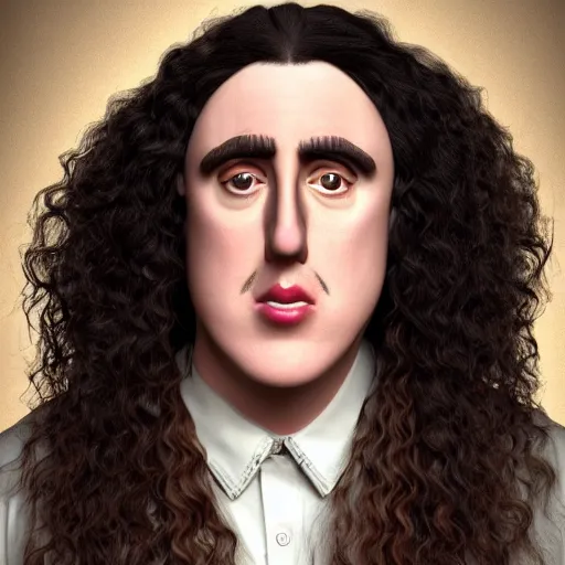 Image similar to The Lovechild of Weird Al Yankovic and Tiny Tim, real life, hyperrealistic, ultra realistic, realistic, highly detailed, epic, HD quality, 8k resolution, body and headshot, front facing, front view, headshot and bodyshot, detailed face, very detailed face