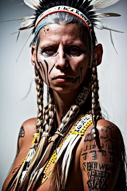 Image similar to Photo of Native American indian woman Yolandi Visser, portrait, skilled warrior of the Apache, ancient, realistic, detailed, Yolandi Visser