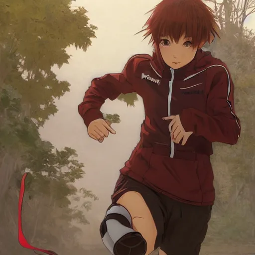 Image similar to anime style, running, red sport clothing, marathon race, brown short hair, hair down, symmetrical facial features, from arknights, hyper realistic, rule of thirds, extreme detail, 4 k drawing, safebooru, realistic lighting, by alphonse mucha, greg rutkowski, sharp focus, backlit