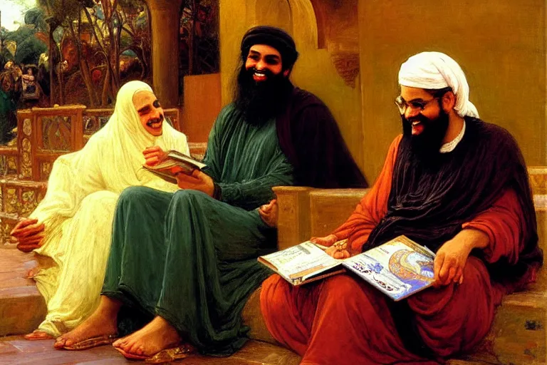 Prompt: the prophet mohammed reading salman rushdies book the satanic verses with a woman, being delighted and cheerful, whispering words of wisdom to her in solidarity with the author, painted by frederick arthur bridgman, oil on canvas