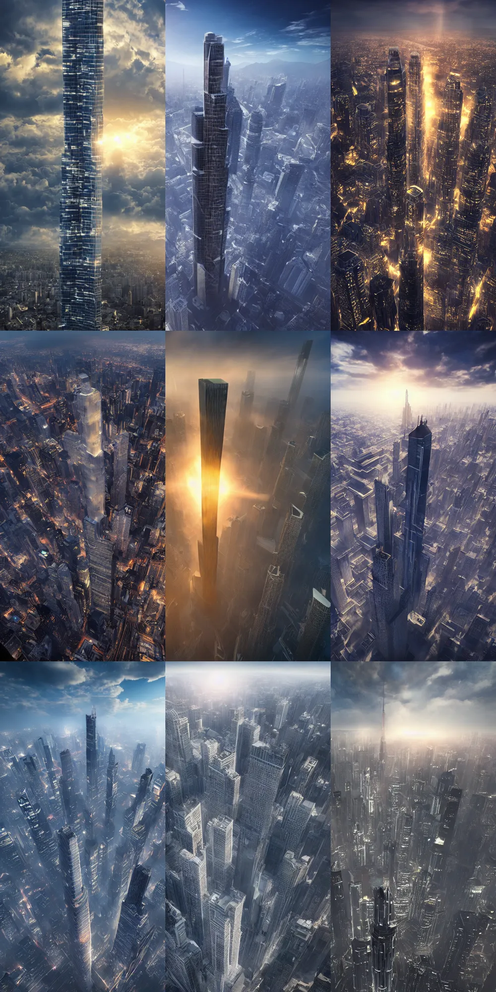 Prompt: the highest skyscraper in the world, cinematic shot, dramatic volumetric lighting, epic composition, 4K Ultra HD
