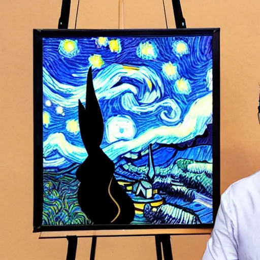 Image similar to joyous, fit, powerful, vincent van gogh standing next to his small painting starry night which is on an easel, stop motion vinyl action figure, plastic, toy, butcher billy style