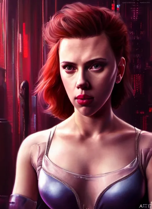 Prompt: portrait of Scarlett Johansson as a ballet dancer character in Cyberpunk 2077, looking at camera, intricate, dystopian, sci-fi, extremely detailed, digital painting, artstation, concept art, smooth, sharp focus, illustration, intimidating lighting, incredible art by artgerm and greg rutkowski and alphonse mucha and simon stalenhag