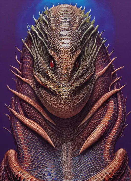 Image similar to queen elizabeth reptilian shapeshifting transformation, intricate, elegant, highly detailed animal monster, digital painting, artstation, concept art, smooth, sharp focus, illustration, art by artgerm, bob eggleton, michael whelan, stephen hickman, richard corben, wayne barlowe, trending on artstation and greg rutkowski and alphonse mucha, 8 k