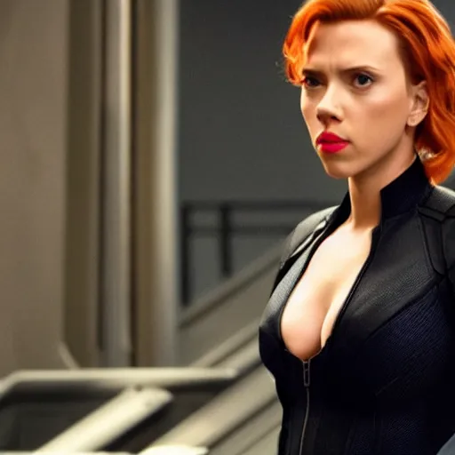 Prompt: Scarlett Johansson pregnant as Black Widow in Marvel The Avengers movie scene