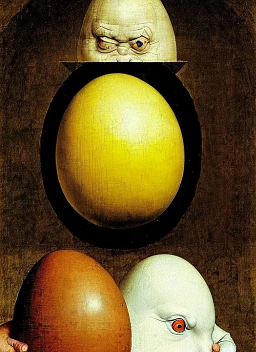 Image similar to portrait of an egg with humpty dumpty silly facial expressions, realistic, by hieronymus bosch, pieter brueghel, greg rutkowski