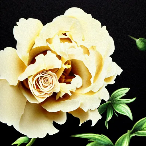 Prompt: black peonies gold roses black background photorealism