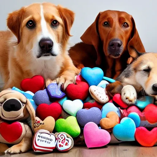 Image similar to dogs surrounded by cuddly toys and love hearts