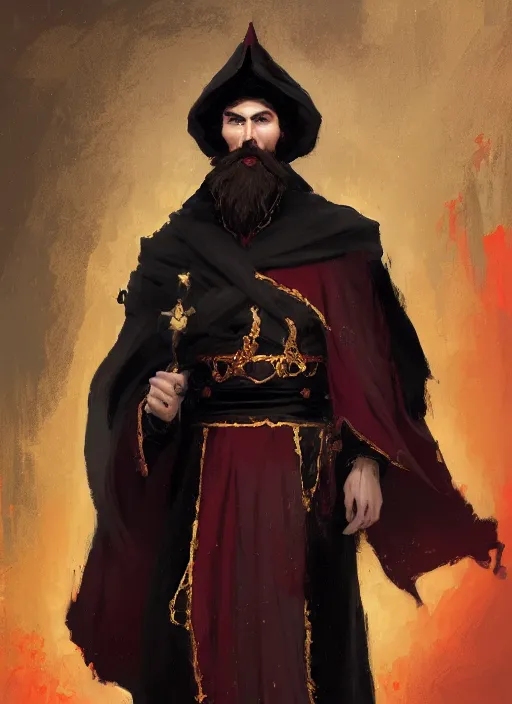 Image similar to character concept portrait of an attractive bearded young Rasputin dressed in a black, gold, and crimson robe with hood. Action pose. intricate, elegant, digital painting, concept art, smooth, sharp focus, illustration, from Metal Gear, by Ruan Jia and Mandy Jurgens and William-Adolphe Bouguereau, Artgerm