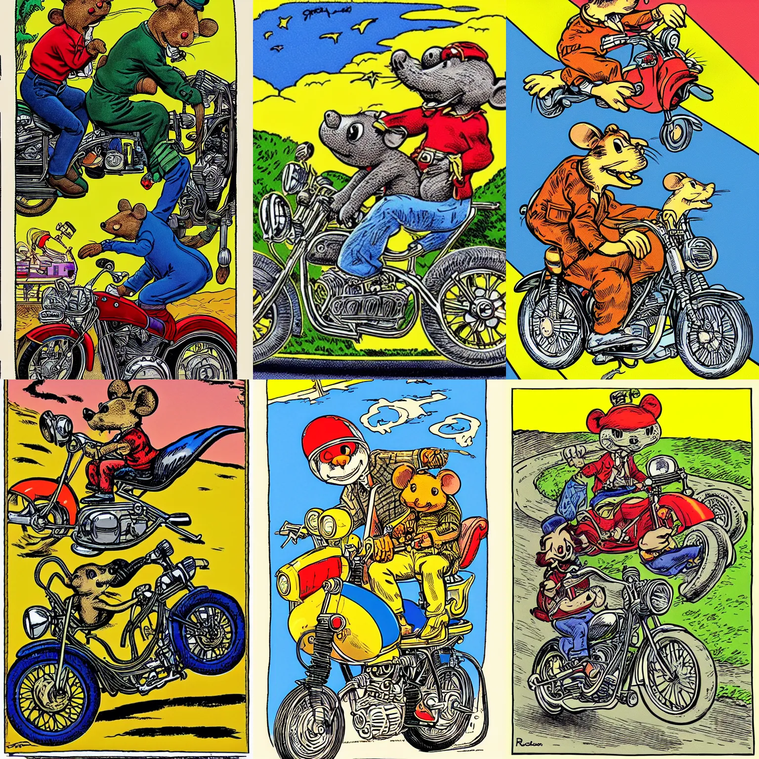 Prompt: a mouse in motorcycle, over the rainbow by Robert Crumb