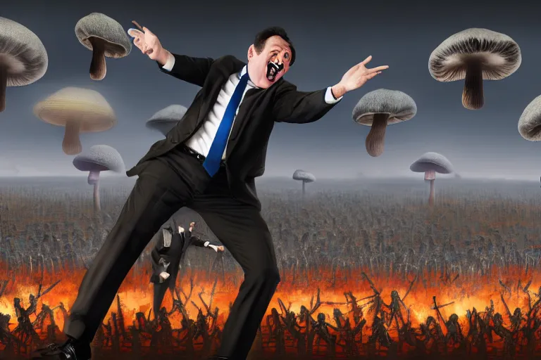 Prompt: a Comedian in suit and tie performing in a battle field with smiling dead bodies on the ground, comedian is funny, performing to dead soldiers, nuclear bomb mushroom cloud in far horizon, apocalypse, trending on artstation, artstationHD, hyperdetailed matte painting, highly detailed, digital painting, hyper-realistic, realistic, photorealistic