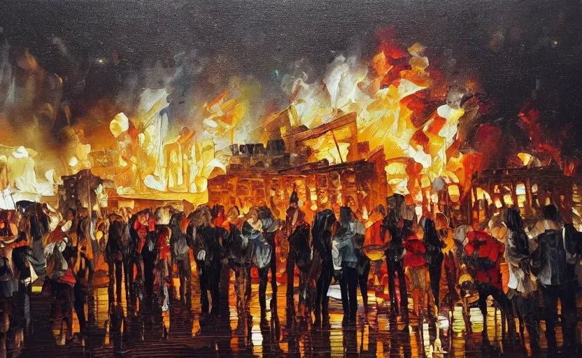 Prompt: an oil painting of people partying in the night while buildings burn behind them