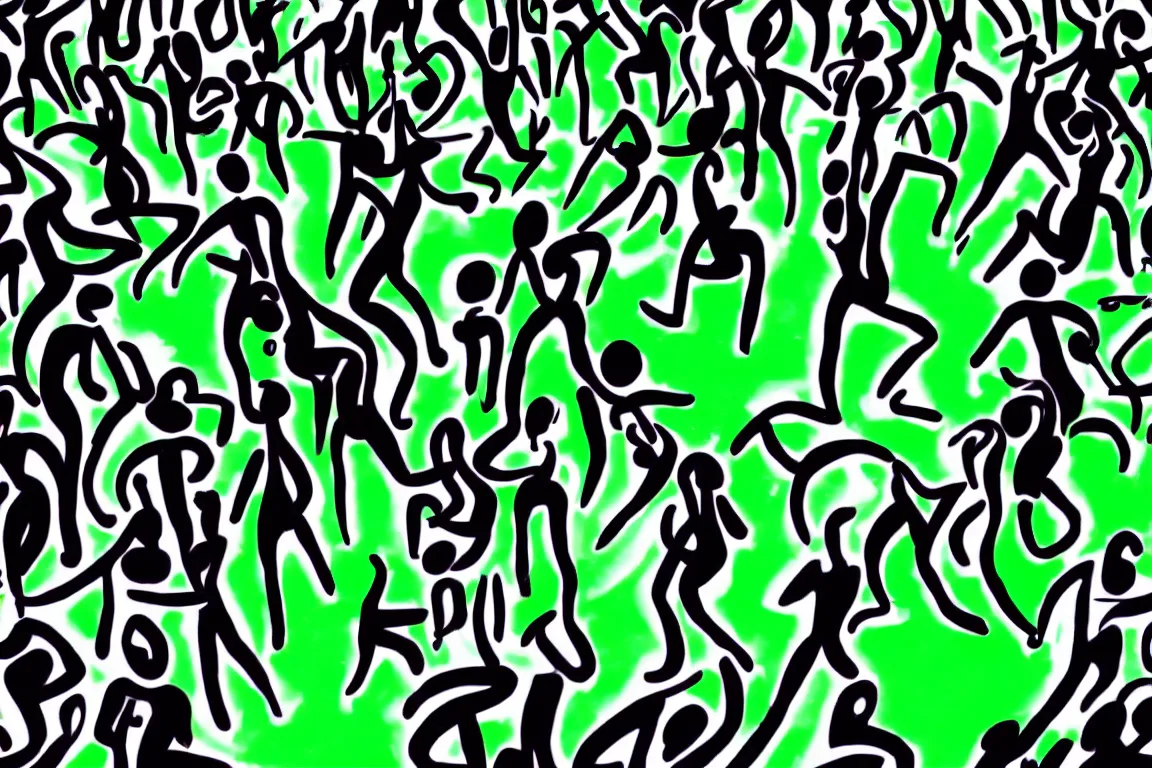 Prompt: henri matisse. close up of sketched humans underground raving standing in circle in a club. a chaotic scenery. palm trees and dj equipment, music, a bar with drinks. slight, fine contours of faces, arms, bodes. disco ball overhead. the floor is green. crazy lights. dark background. jumping. minimalistic color palette. fine brush strokes. horizon