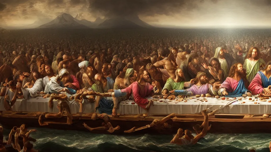 Prompt: a mix between the last supper, the raft of the medusa, sunny morning, matte painting, oil canvas, photorealistic illustration, extreme detail, hyper realistic, highly detailed, digital art