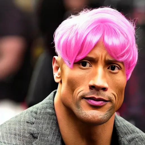 Image similar to Dwayne Johnson wearing a long pink wig