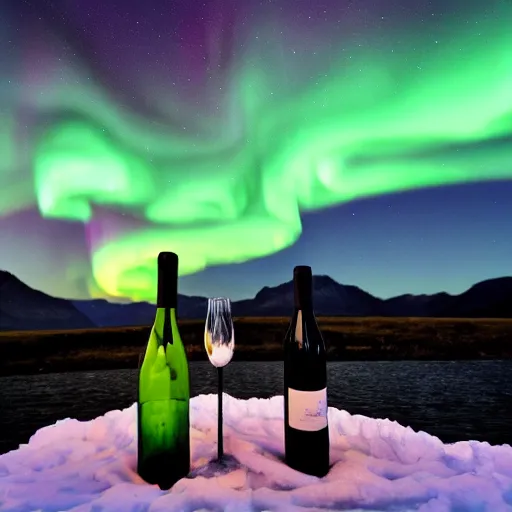 Image similar to romantic picnic with wine bottles under an aurora borealis