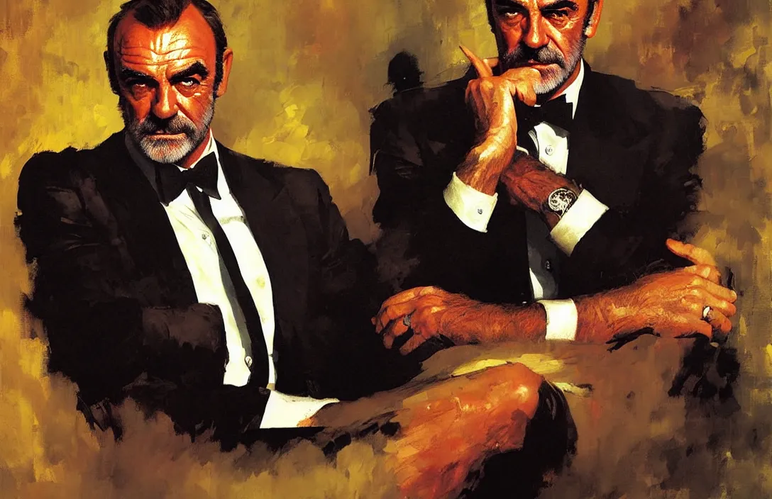 Prompt: portrait of sean connery as james bond!!!!!!!!!!!!!!!!!!!!!!!!!!!, detailed face, detailed painting, epic lighting, by ilya repin, phil hale and kent williams