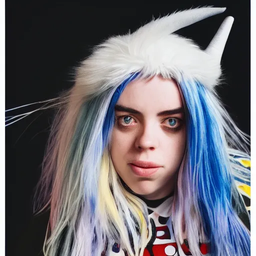 Image similar to Billie Eilish in Cat in The Hat Movie, XF IQ4, 150MP, 50mm, F1.4, ISO 200, 1/160s, natural light