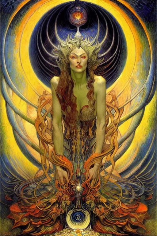 Prompt: Divine Chaos Engine by Karol Bak, Jean Delville, William Blake, and Vincent Van Gogh, symbolist