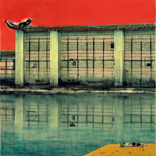 Image similar to a chinese prison near a river by peter doig, muted colors