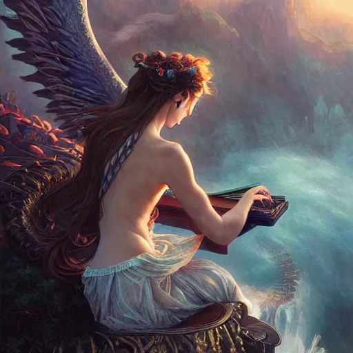 Prompt: fantasy maiden with dragon wings, sitting on top of a piano combined with waterfall, nature, realistic, cinematic lighting, highly detailed, digital painting, Artstation popular, illustration, art by Artgerm and Greg Rutkowski and Alphonse Mucha