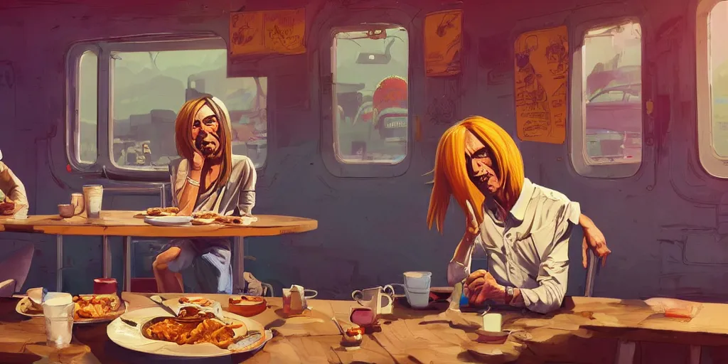 Prompt: cartoonish iggy pop having breakfast at the drive inn, vivid colors, character sheet, fine details, concept design, contrast, kim jung gi, greg rutkowski, trending on artstation, 8 k, full body, turnaround, front view, back view, ultra wide angle