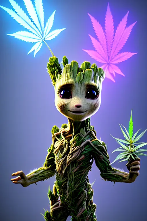 Image similar to high quality 3 d render very cute beautiful creature with a cannabis inflorescence instead of a head, like baby groot! incorporated speakers!, cyberpunk highly detailed, unreal engine cinematic smooth, in the style of blade runner & detective pikachu, hannah yata charlie immer, moody light, low angle, uhd 8 k, sharp focus