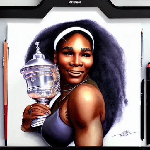 Image similar to serena williams as aphrodite holding the us open trophy illustration by artgerm